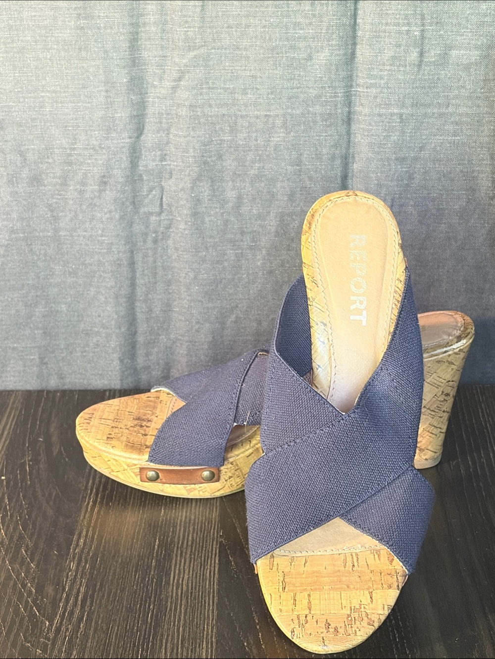 Report Navy Crisscross Cork Wedge Sandals